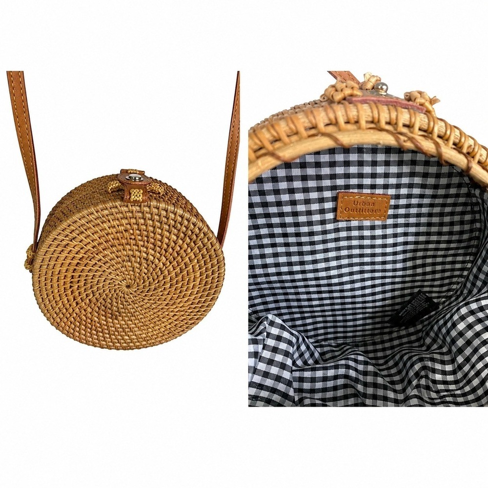Urban Outfitters Crossbody Womens OS Tan Round Rattan Woven Boho Gingham Bag
